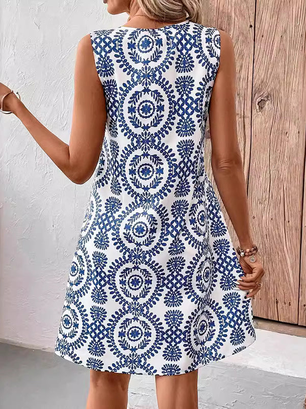 A-line Loose Hollow Printed U-neck Mini Dresses