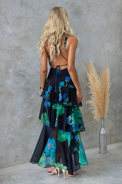Refreshing Print Back Lace-up Multi-teir Ruffle Hem Maxi Dress