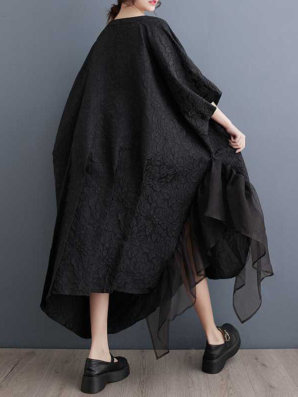 Batwing Sleeves Loose Asymmetric Flower Shape Gauze Jacquard Pleated Color Split-joint Round-neck Midi Dresses