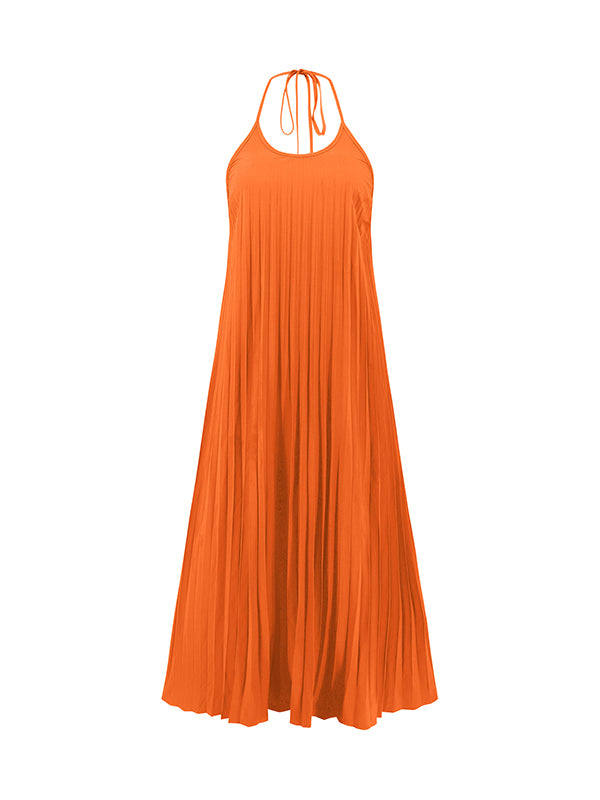 A-line Loose Backless Pleated Color Tied Spaghetti-neck Maxi Dresses