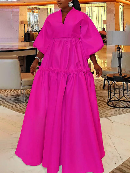 High Waisted Puff Sleeves Falbala Color V-neck Maxi Dresses