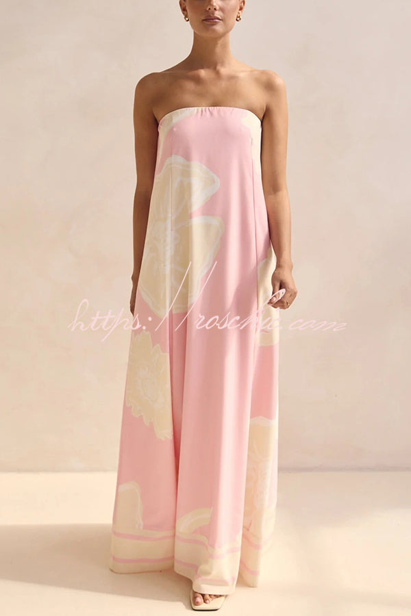 Unique Print Tube Top Back Zipper Loose Maxi Dress