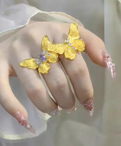 Chinese Style Gold Sterling Silver Overgild Butterfly Rings Two-piece Set