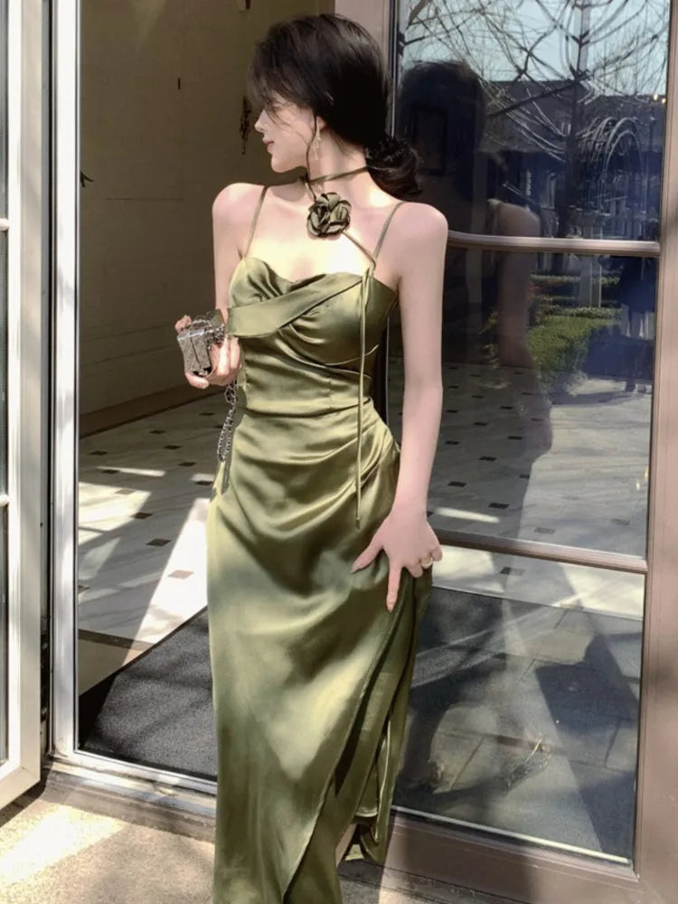 Satin Midi Dress Spaghetti Strap Bodycon 3d Flower High Waist Slim Evening Party One Piece Lady Vestidos