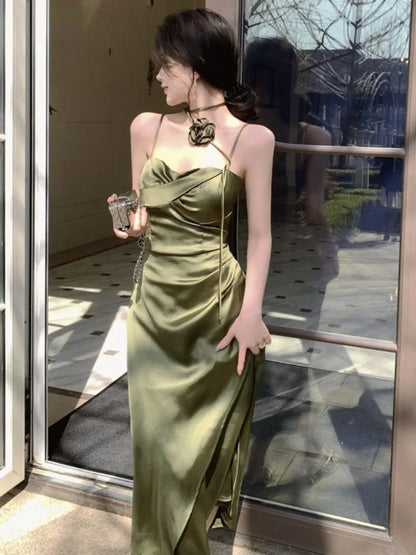 Satin Midi Dress Spaghetti Strap Bodycon 3d Flower High Waist Slim Evening Party One Piece Lady Vestidos