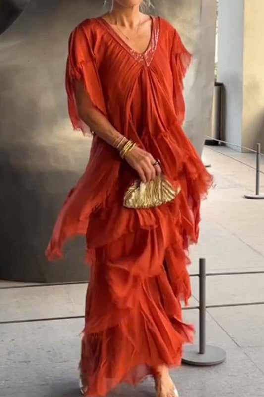 V-neck Fashionable Cake Long Dress