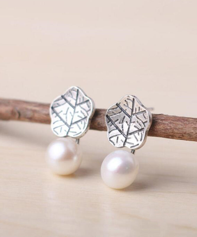 Silk Sterling Silver Pearl Lotus Leaf Stud Earrings