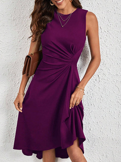 A-line High Waisted Asymmetric Pleated Color Split-joint Round-neck Midi Dresses