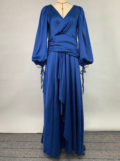 Look-thin Pleated Color V-cut Long Sleeves Maxi Dresses