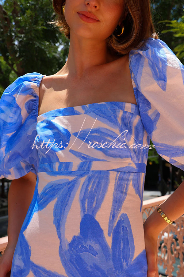 Watercolor Print Square Neck Puff Sleeve Maxi Dress
