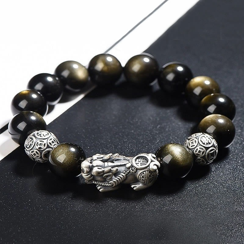 Buddha Stones 925 Sterling Silver Natural Gold Sheen Obsidian Pixiu Wealth Protection Bracelet