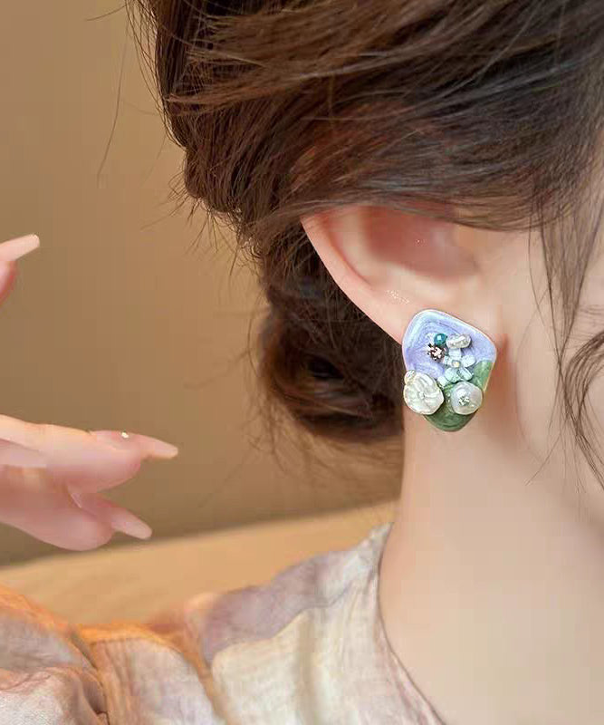 Modern Light Purple Alloy Zircon Rice Beads Stud Earrings