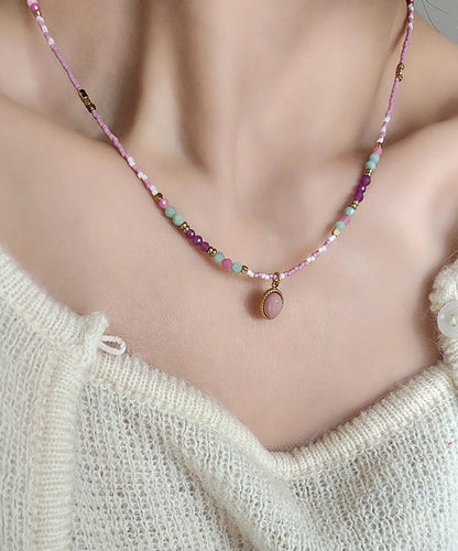 Style Light Purple Stainless Steel Zircon Agate Beading Pendant Necklace