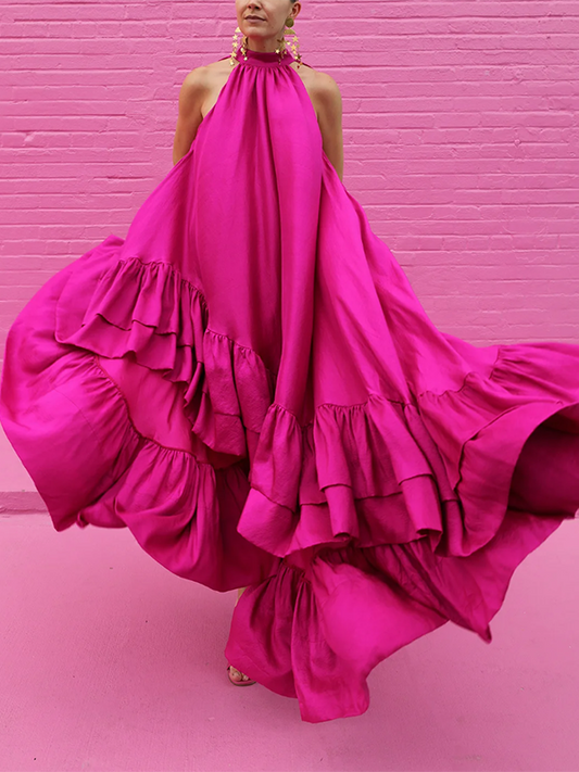 Loose Sleeveless Falbala Color Stand Collar Maxi Dresses