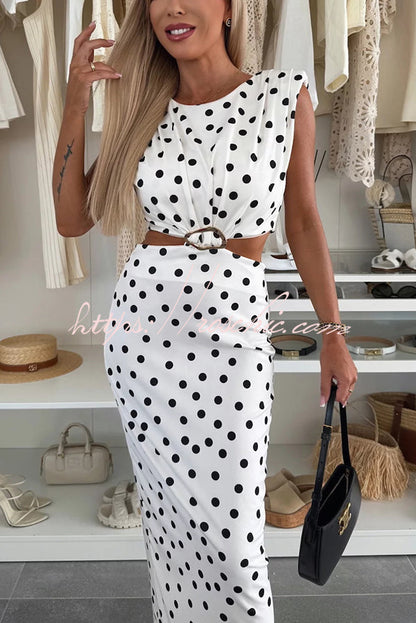 Roxane Polka Dot Print Shoulder Pad Metal Cutout Waist Slit Stretch Maxi Dress