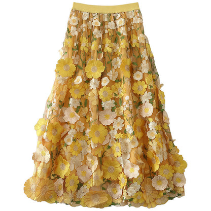 Stylish Black Elastic Waist Embroidery Patch Tulle Skirt