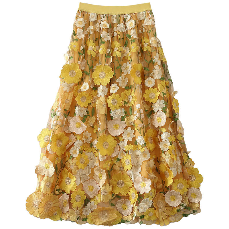Stylish Black Elastic Waist Embroidery Patch Tulle Skirt