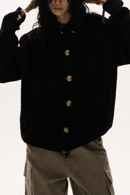 Button Collar Retro Slouchy Knit Cardigan