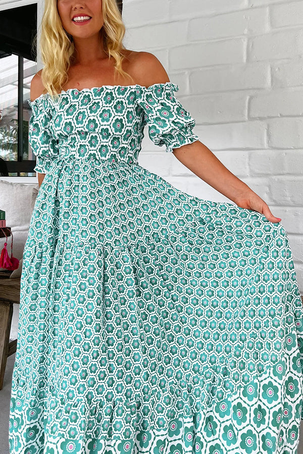 Print Off-the-shoulder Puff-sleeve Pleated Maxi Dress