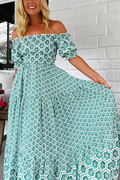 Print Off-the-shoulder Puff-sleeve Pleated Maxi Dress