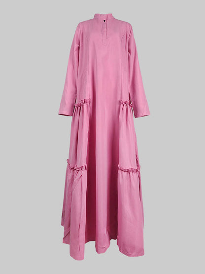 A-line Long Sleeves Buttoned Layered Pleated Pockets Ruffled Color Split-joint Stand Collar Maxi Dresses