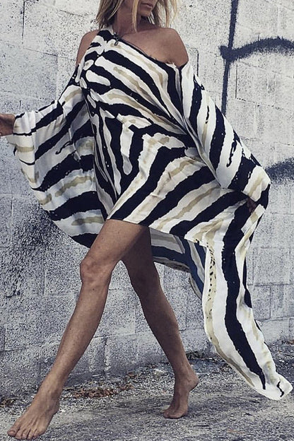 Unique Printed One Shoulder Cover Up Maxi Dress