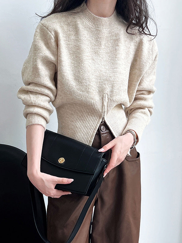 Urban Coffee Mock Neck Zipper Slit Hem Long Sleeve Sweater Qx004