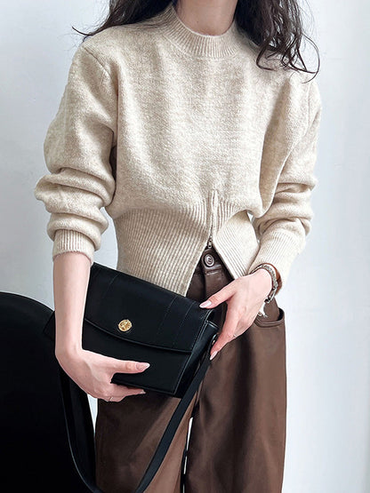 Grey Mock Neck Zip-up Hem Long Sleeve Sweater An1072