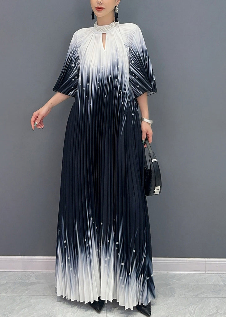 Fitted Black Turtleneck Print Wrinkled Vacation Maxi Dresses Summer Ao1032