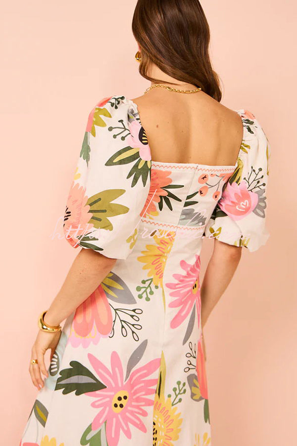 Looking for Sunshine Print Square Neck Bubble Sleeve Maxi Dress