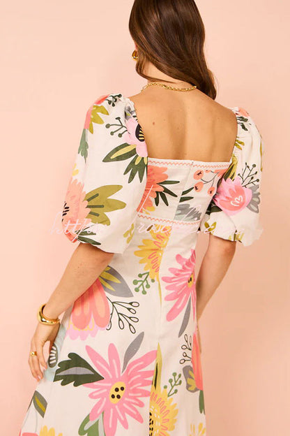 Looking for Sunshine Print Square Neck Bubble Sleeve Maxi Dress