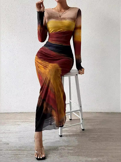 Bodycon Long Sleeves Gauze Gradient Pleated Printed See-through Round-neck Maxi Dresses