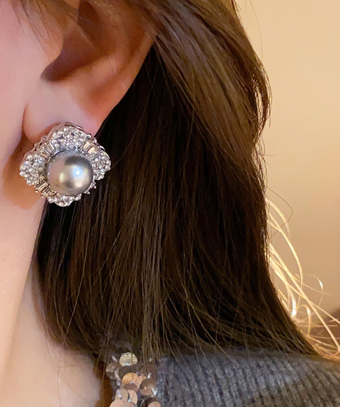 New Grey Alloy Pearl Zircon Stud Earrings