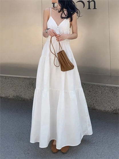 Loose Summer Dress Spaghetti Strap V-neck Vocation Vestidos Korean A-line Clothes New Long Dresses