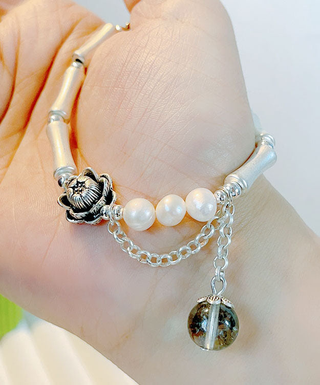 Silk Sterling Silver Pearl Crystal Bamboo Charm Bracelet