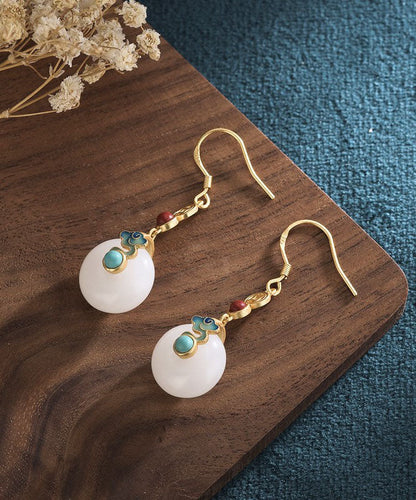 White Sterling Silver Overgild Inlaid Jade Xiang Yun Drop Earrings