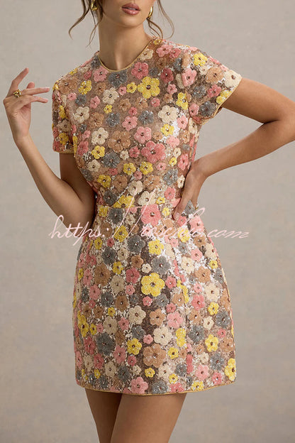80's Inspired Print Sequin Short Sleeve Stretch Mini Dress