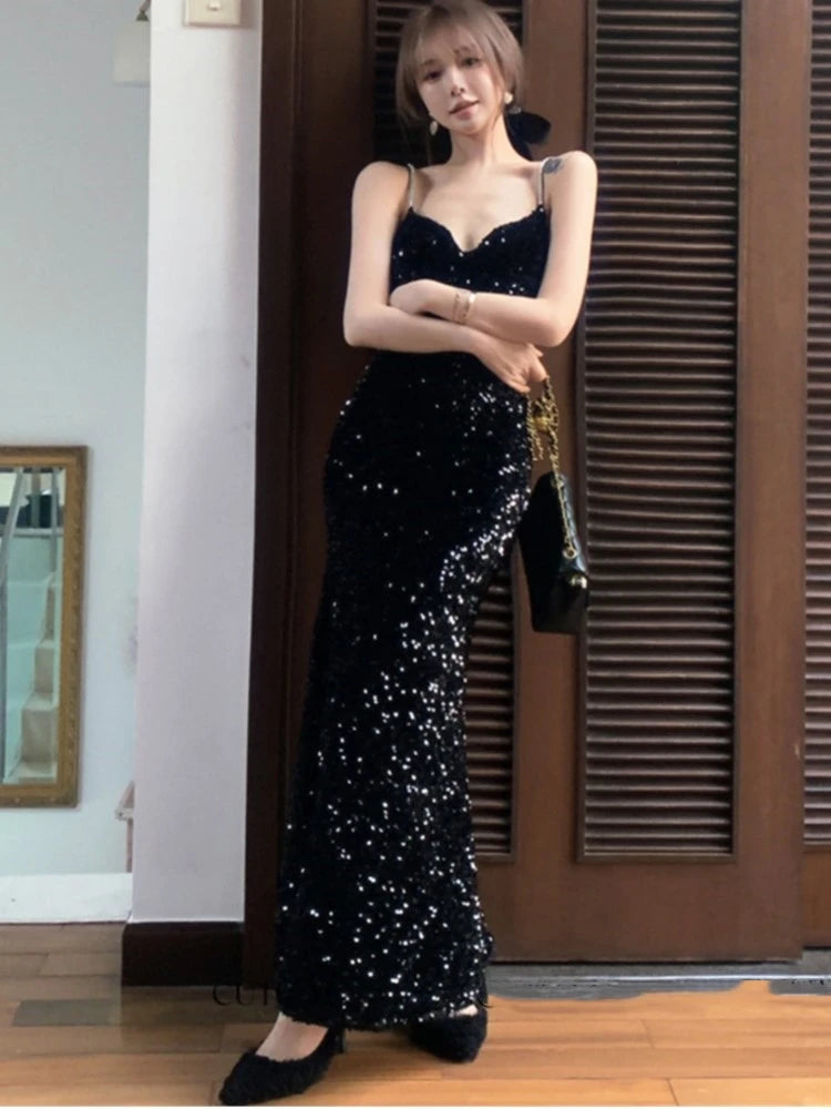 French Retro Sequins Long Dresses for Sleeveless Slim Mermaid Spring New Evening Party Dress Prom Robe Wedding Vestidos