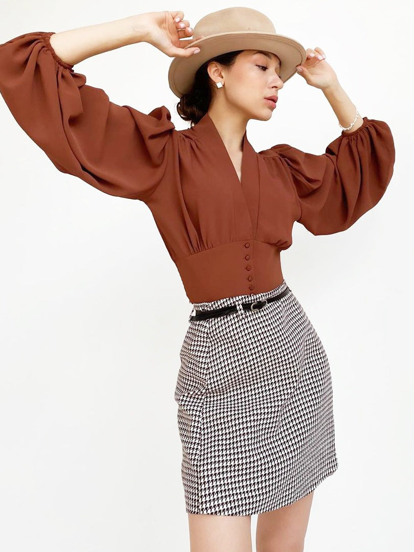 Lantern Sleeve V-neck Slim Fit Blouse