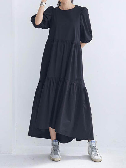 Half Sleeves Puff Sleeves Breathable See-through Color Round-neck Midi Dresses