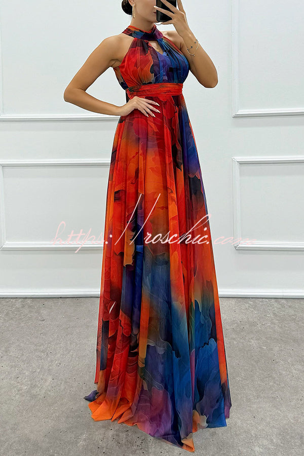 Elaine Tulle Splash Print Cutout Halter Tie-up Neck Gown Maxi Dress