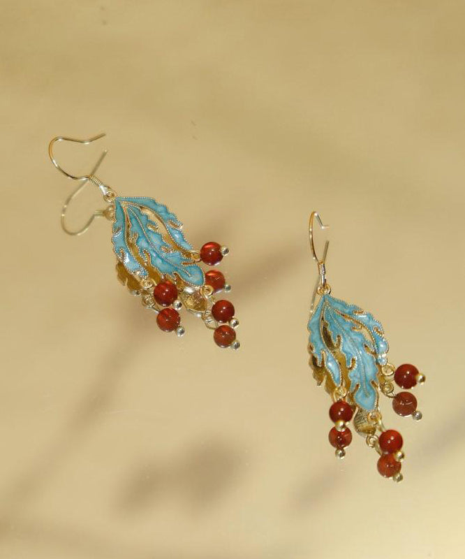 Retro Blue Sterling Silver Overgild Agate Cloisonne Drop Earrings