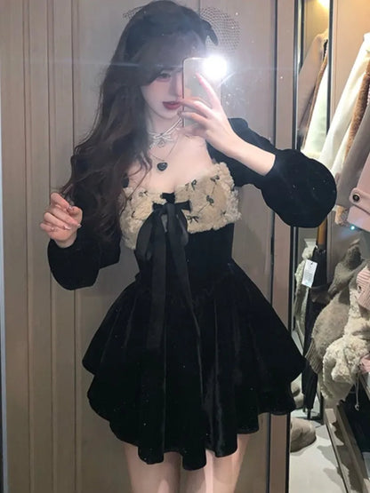 Y2k Velvet Mini Dress Lantern Sleeve Square Collar Patchwork Lace Up Layered Ruffles Autumn Spring Birthday Party Vestidos