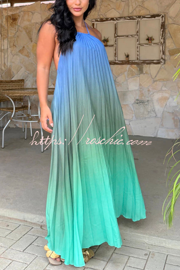 Sea Goddess Gradient Print Pleated Halter Backless A-line Maxi Dress
