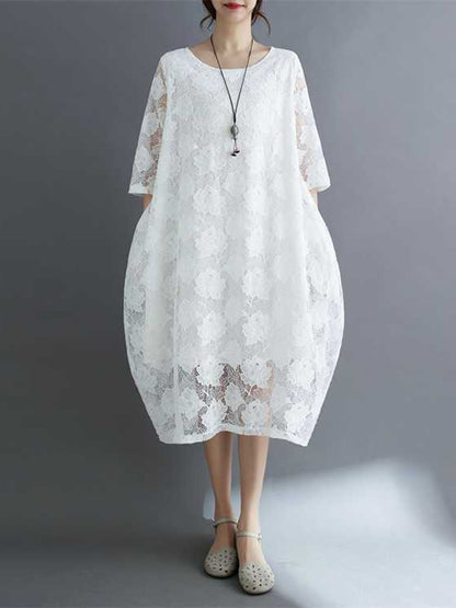Half Sleeves Loose Hollow Color Round-neck Midi Dresses