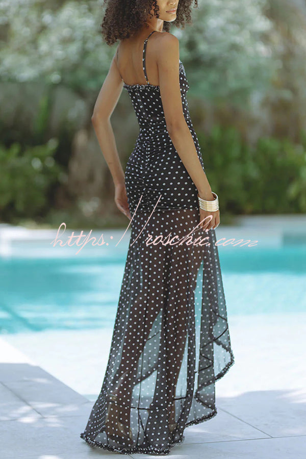 Kiata Polka Dot Beaded Cutout Ruffle Trim Front Ruched Slit Maxi Dress