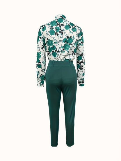 Print V Neck Long Sleeve Blouse & Belted Tapered Pants Td0870