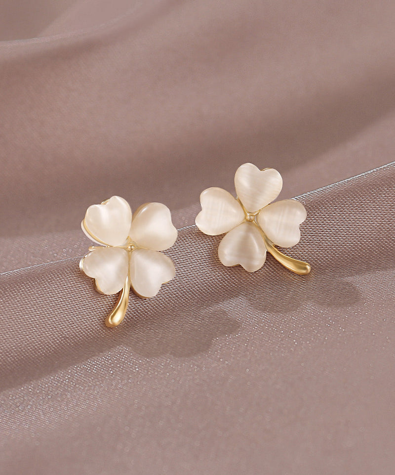 New Gold Copper Alloy Clover Cat's Eye Stone Stud Earrings