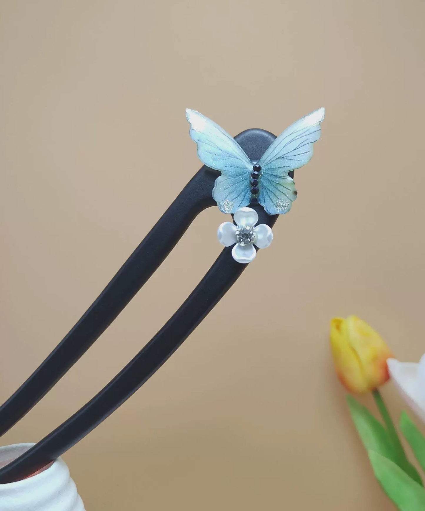 Blue Wooden Butterfly Hairpin