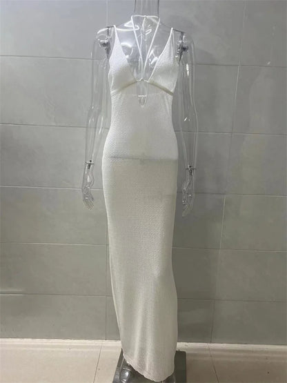 Bandage Backless Halter Dress – Lace-up V-neck Patchwork Long Dress for – See-through Party Dress